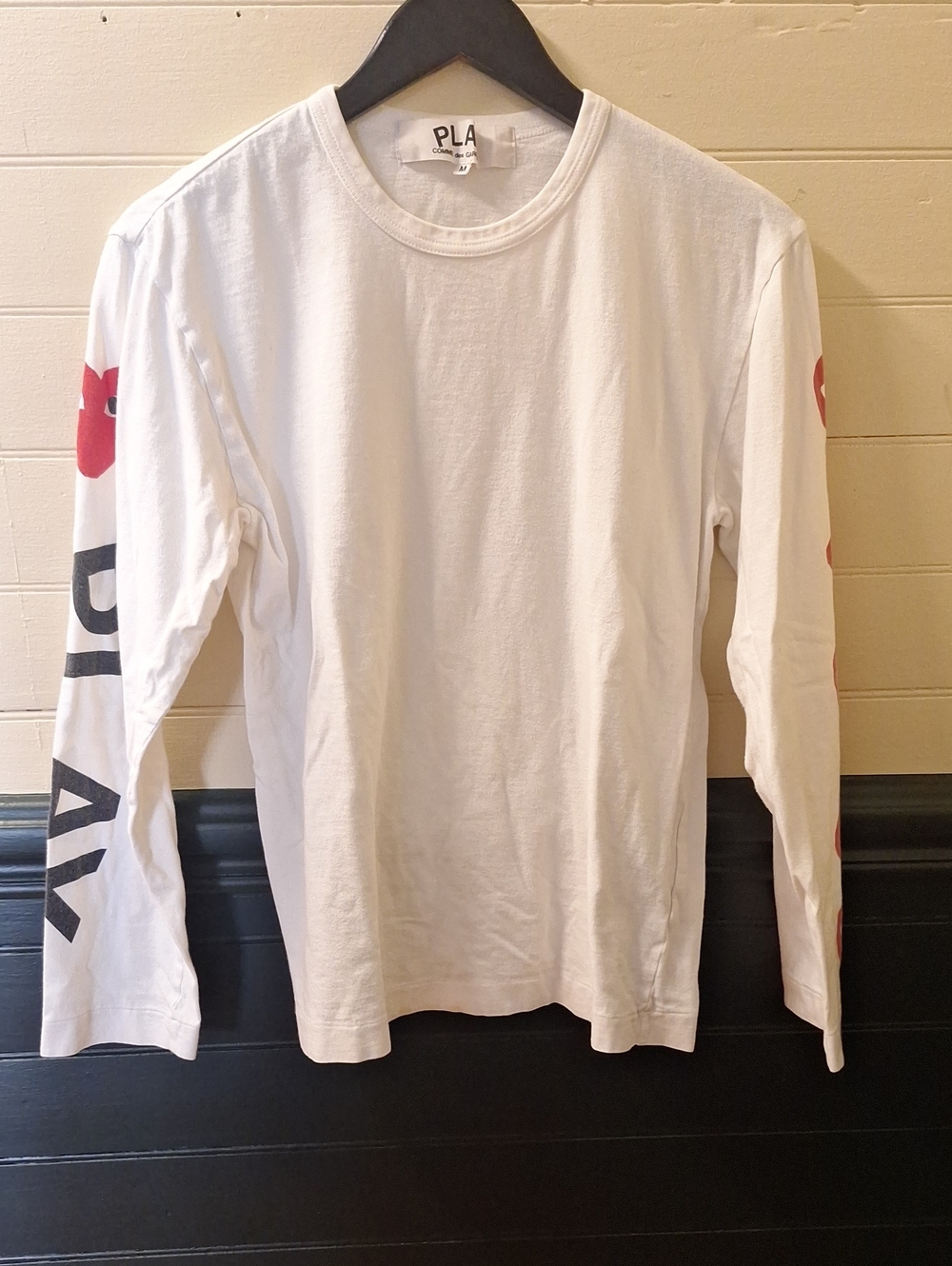 Comme des Garcons PLAY White Long-Sleeve Tee with Red Heart Sleeves